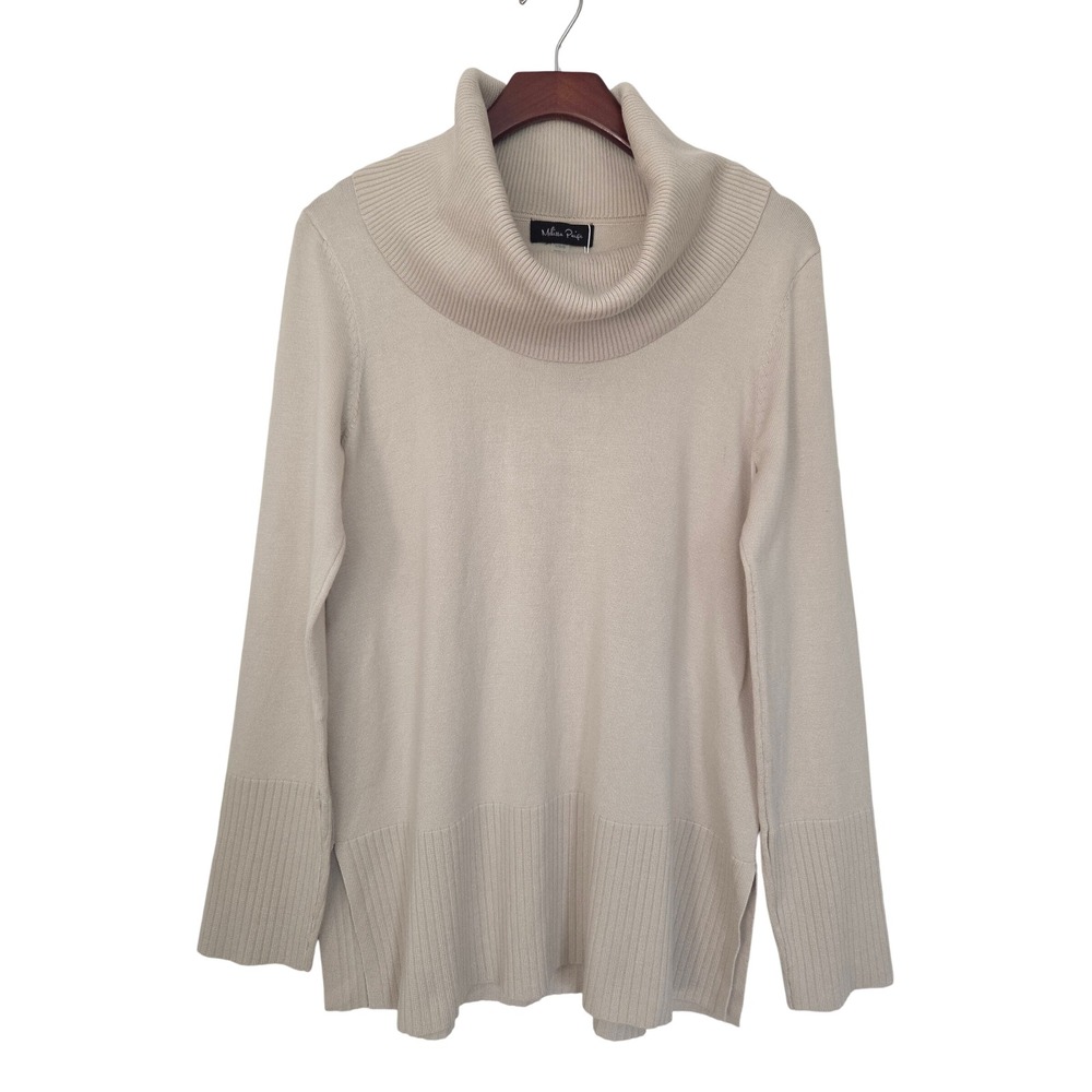 Melissa Paige Cowl Neck‎ Sweater Side Slit Womens Large Beige NWT